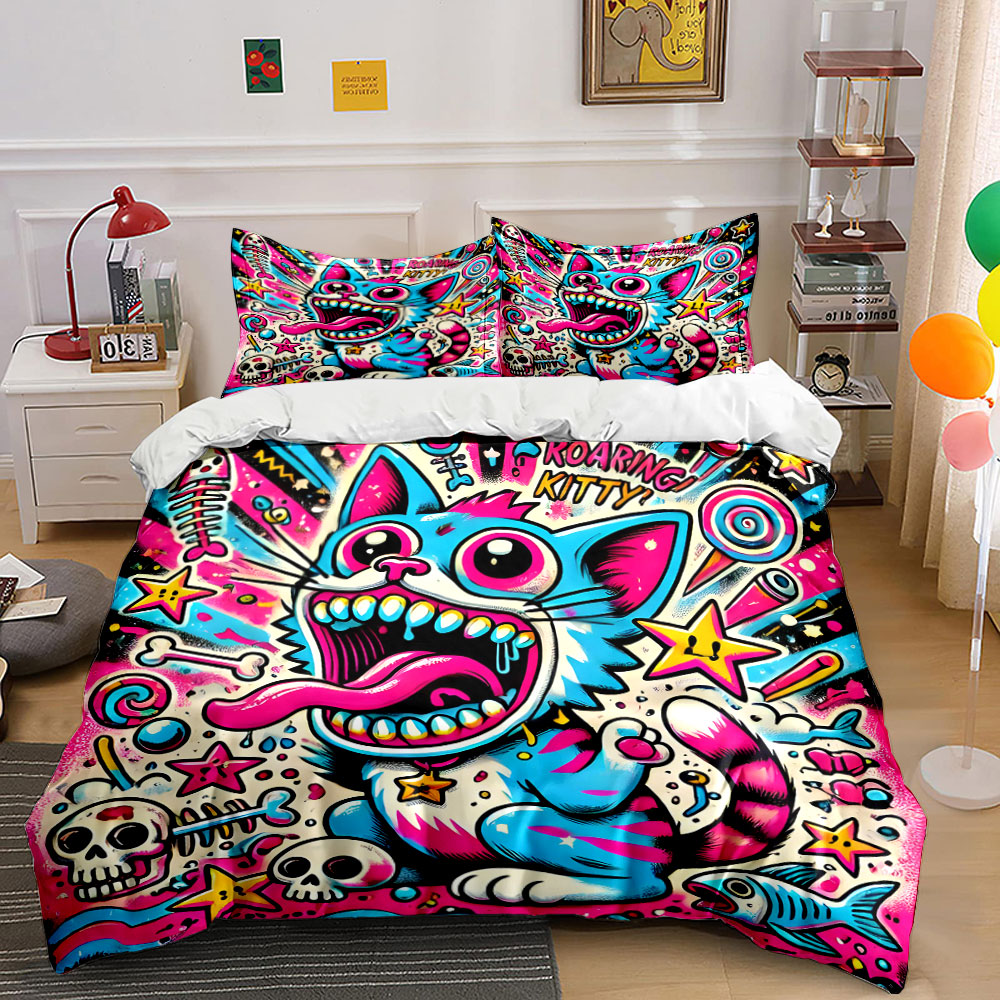 Duvet Cover Sets With Zipper - Set Sprei Motif Kucing Mengaum Gaya